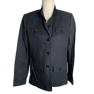 Ellen Tracy Button Front Jacket Coat 8 Navy Blue Utility Pockets Mock Neck
